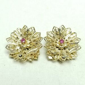 Vintage Reinad Gold Tone Filigree and Pink Rhinestone Floral Clip On Earrings
